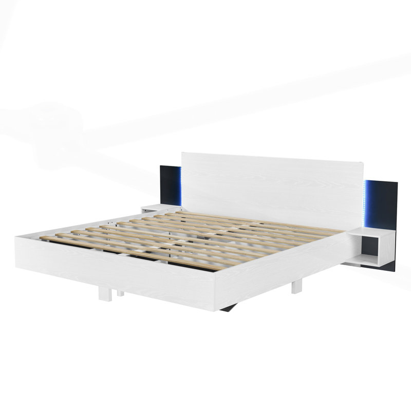 Floating Bed With Bedside Tables And Led Light Headboard, King, White