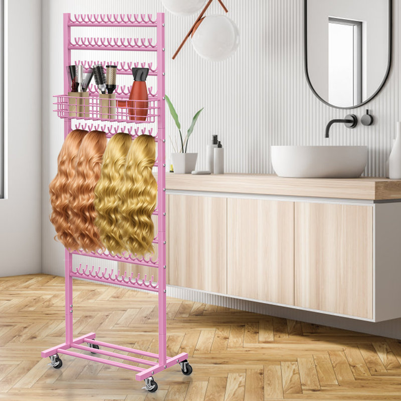 Présentoir rotatif à double face pour perruque et extension de cheveux avec roues, organisateur multifonctionnel pour les salons, les salons de beauté ou les placards personnels