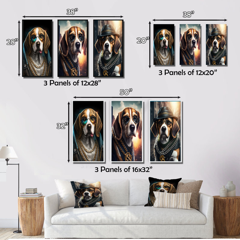 «Beagle Gangster In NYC», 3 pièces sur toile, Noir, H 28 po x l 36 po