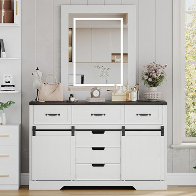 Armoire 6 tiroirs avec portes coulissantes et miroir lumineux - Meuble de rangement blanc pour chambre à coucher ou salon