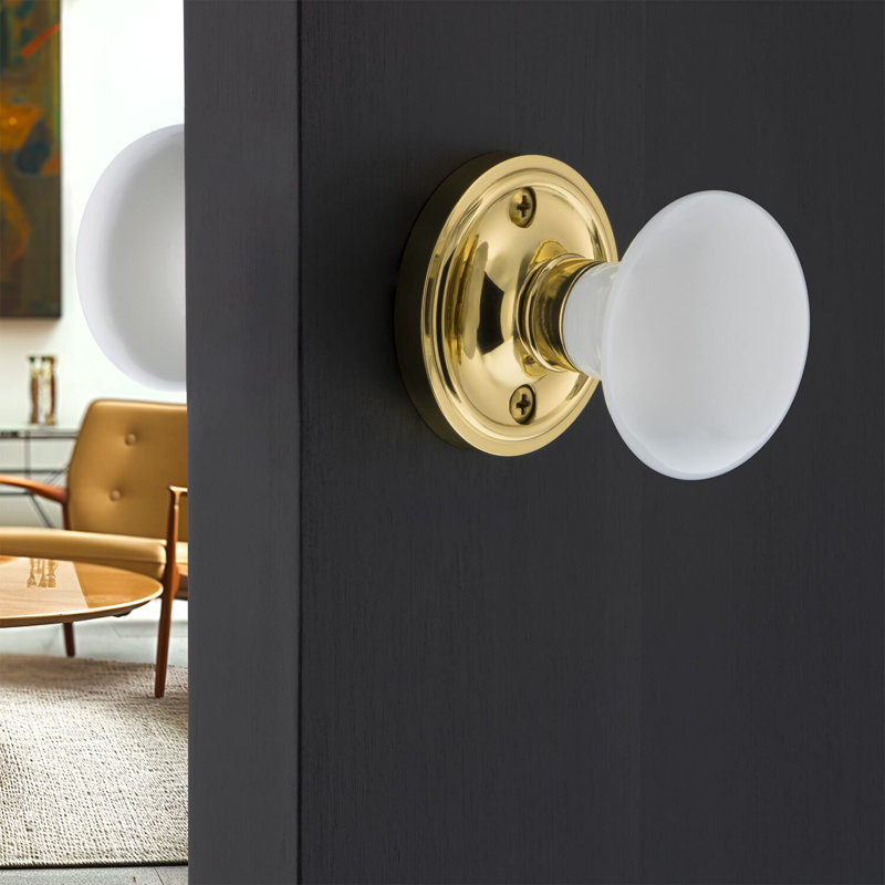 Classic Rosette with White Porcelain Door Knob, Unlacquered Brass