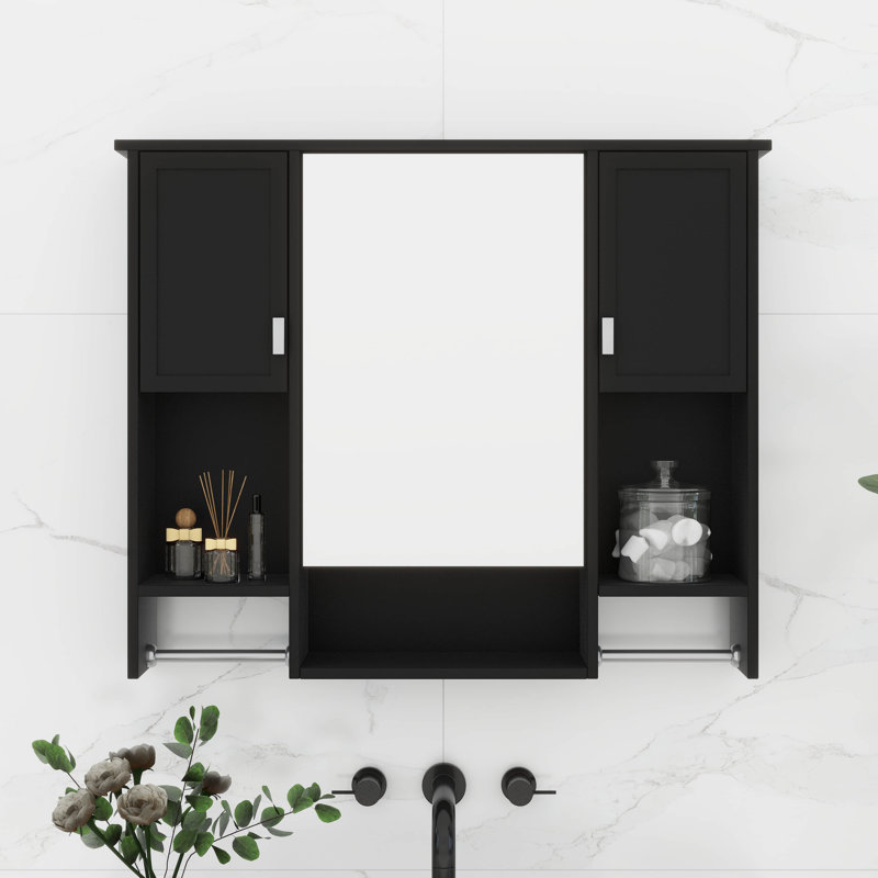 Armoire de salle de bain avec miroir, armoire à pharmacie murale avec tablettes ouvertes, armoire à pharmacie avec 2 barres à serviettes