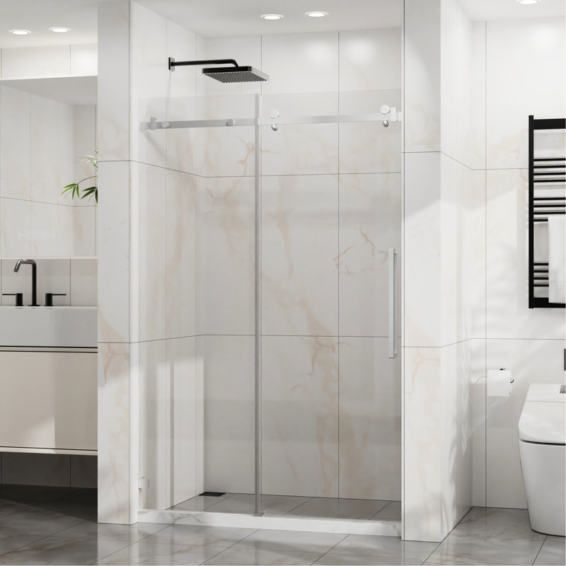 Sliding Shower Door, 48" X 72", 1/4"  6Mm  Tempered Glass, Easy - Clean, Adjustable 44 48 In W, Splash Proof Threshold, Silent Pulleys, Parts, Smooth Clear Coating, Adjustable, Reversible, Splash