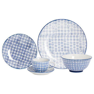 Nicola Spring - 30 Piece Hand-Printed Dinner Set - Navy