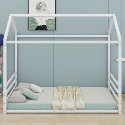 Montessori Style Metal House Shaped Bed With Guardrails