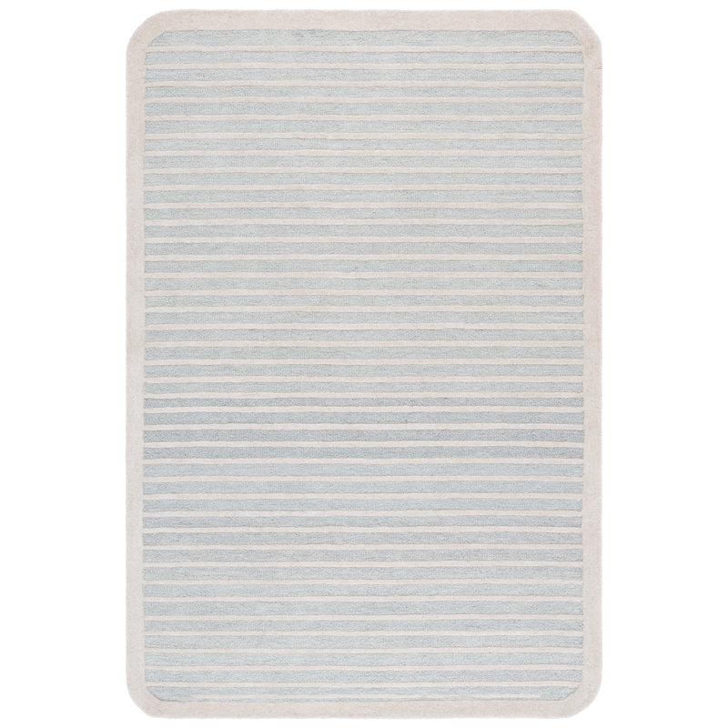Tapis rayé en laine / coton touffeté à la main ébène bleu clair / ivoire, Tapis de couloir 2 pi 3 po x 8 pi