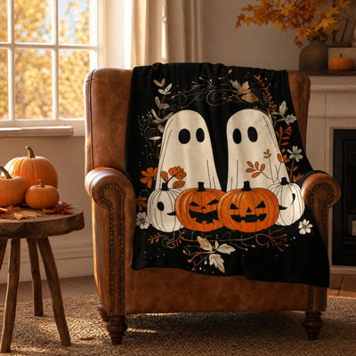 Halloween Fleece Throw Blanket Soft Cozy Ghost Pumpkin Print Warm Lightweights Blanket For Sofa Bedroom Fall Halloween Home Decor Holiday Gift