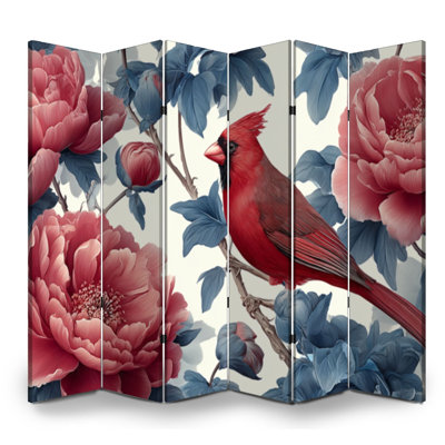 Cloison pliante 6 panneaux paravent Cardinal rouge royal Branche de pivoine Fleurs bleues Toile Séparateur de cloison Autoportant Cloison de protection Cloison d'intimité
