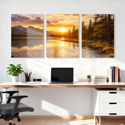Sunset Lake Mountain Landscape Canvas Wrapped Wall Art Oil Painting Print Set Of 3