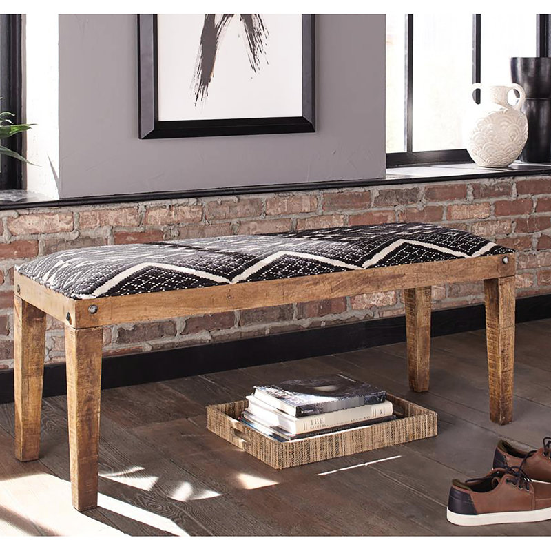 Élégant banc rembourré en noir et blanc pour la décoration intérieure en bois de manguier contemporain avec tissu