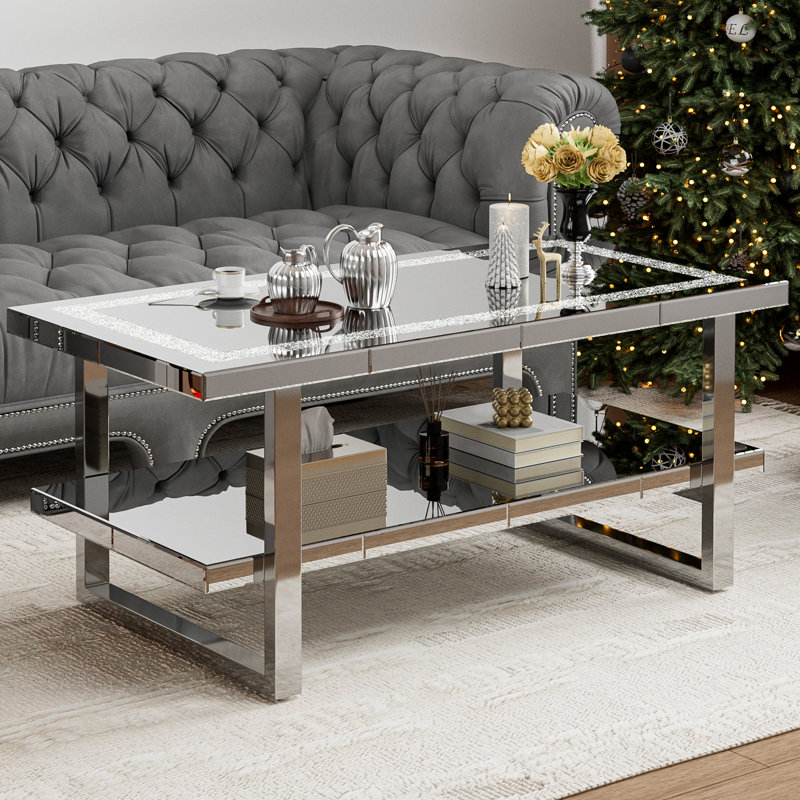 Table basse en miroir avec panneau de cristal en miroir, table basse rectangulaire en verre avec table de bout et 2 niveaux pour le salon