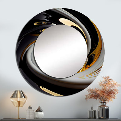 Phillisha or et noir vitrail spirale III - miroir spirales abstraites, miroir mural rond doré unique, art imprimé en métal