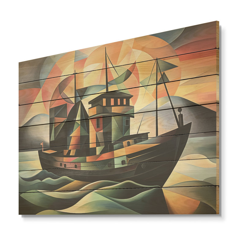 Bateau de croisière cubiste - Bateau côtier sur bois, H 10 po x l 20 po x P 0,78 po