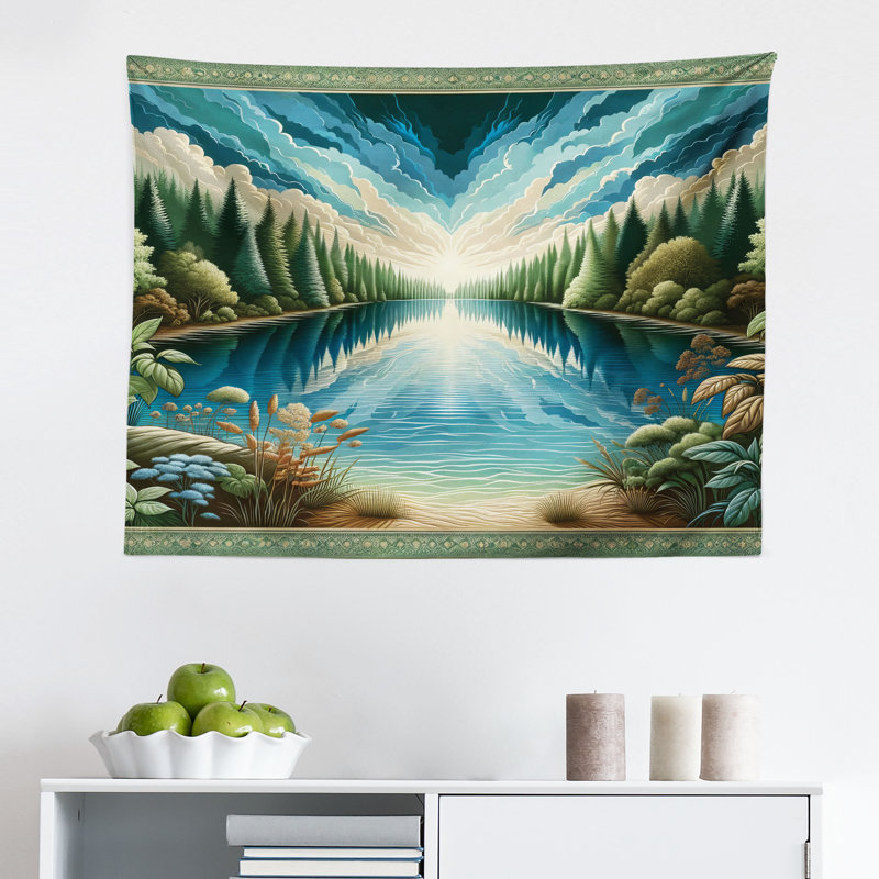 Highland Dunes Landscape Wall Hanging Tapestry River and Forest Symmetry Green Blue, H 30 po x l 45 po