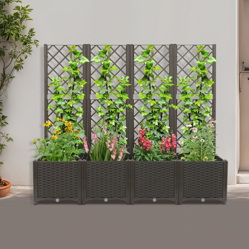 4 boîtes de plantes en plastique avec treillis, Brun