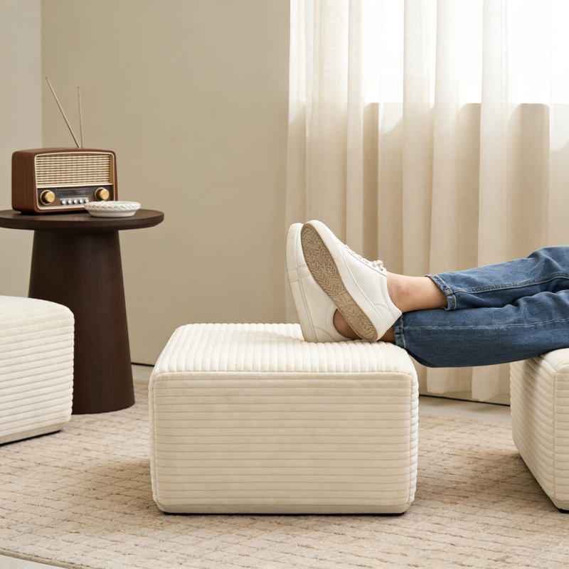 Corduroy Compression Ottoman with Cushioned Top, Designed to Match Compression Sofa Series, No Assembly Required, Beige