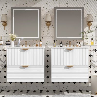 Ensemble de meuble-lavabo mural 48 po de style moderne avec deux lavabos séparés (double), deux lavabos en céramique, 4 tiroirs