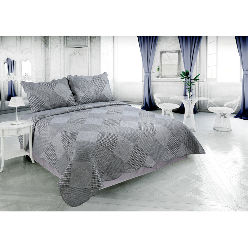 Marina Decoration Home Bedroom Bedding Stitching Coverlet Bedspread Ultra Soft 2 Piece Summer Printed Quilt Set with 1 Quilted Sham, Grey Modern Grid and Stripes Plaid Pattern Twin/Single Size