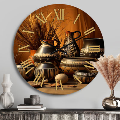 Native Art Pottery Serenity I - Native American Golden Face Wall Clock