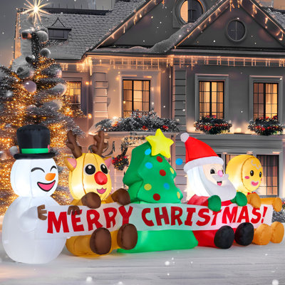 8 FT Long Christmas Inflatable Decoration Four Xmas Characters and Christmas Tree Blow Up Inflatables Decor with Build-in LEDs for Xmas Party