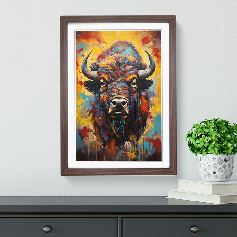 Buffalo Hard Edge Painting - Single Picture Frame Print on Wood, 34cm H x 25cm W x 2cm D, Walnut Framed