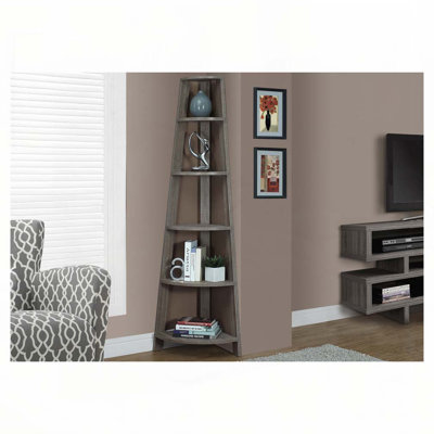 Bibliothèque, bibliothèque, étagère, d'angle, 5 niveaux, H 72 po, bureau, chambre à coucher, stratifié brun, contemporain, moderne