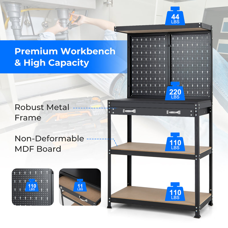 WFX Utility™ Multi-use Workbench W/ 2 Shelves Heavy-duty Work Table Tool Storage Bench, Blue/Black