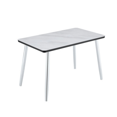 Modern 4-6 Person Rectangular Dining Table, Faux Marble Tempered Glass Top Kitchen Table With Silver Metal Tapered Legs, Sleek Minimalist Dinner Table