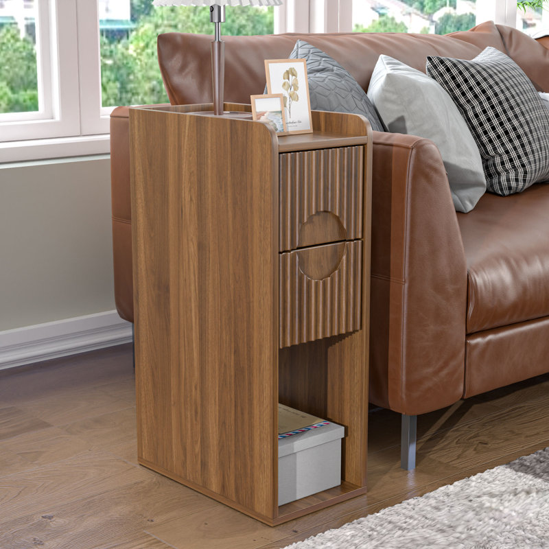 Fluted End Table Set With Drawers(set Of 2), Farmhouse Side Table With Storage, Walnut