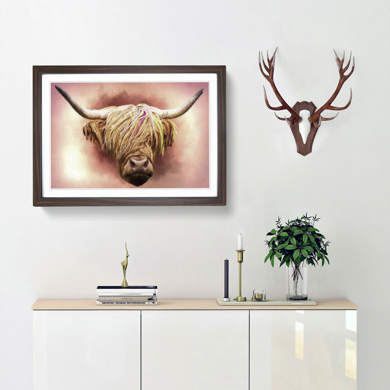 Head of a Highland Cow in Abstract by Adam BG - Picture Frame Painting Print, 48cm H x 65cm W x 2cm D, Walnut Framed