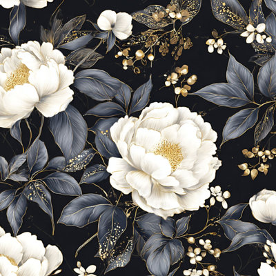 Papier peint adhésif vintage à motifs floraux noirs et blancs, pivoines blanches et feuilles foncées. Décoration murale amovible et autocollante pour chambre, cuisine et placards. 45 cm x 300 cm.