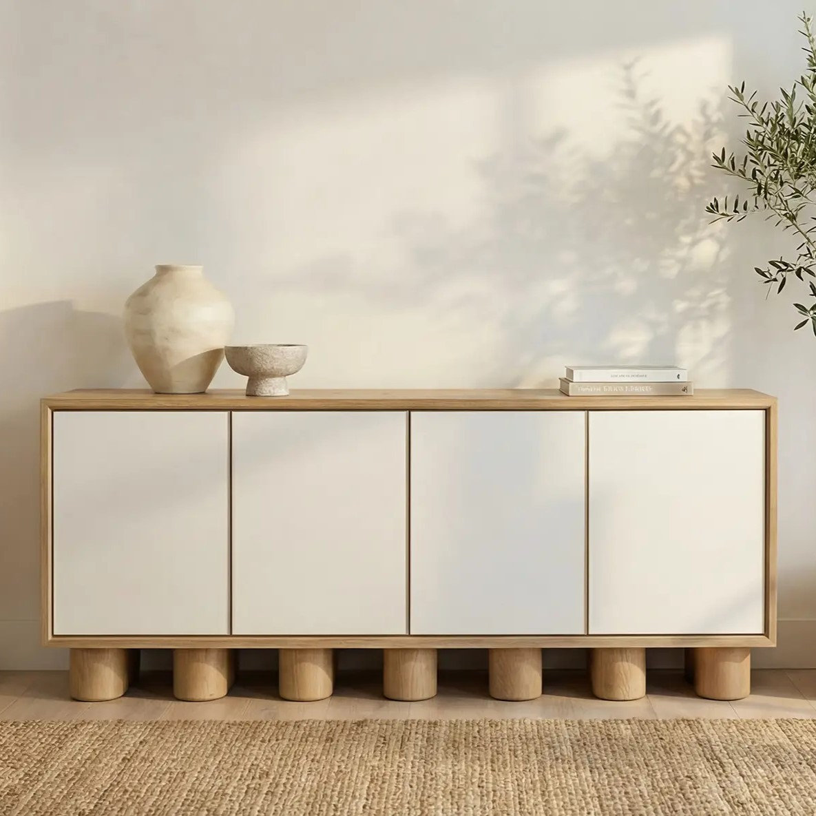 4-Door Sideboard Cabinet, Brown/White