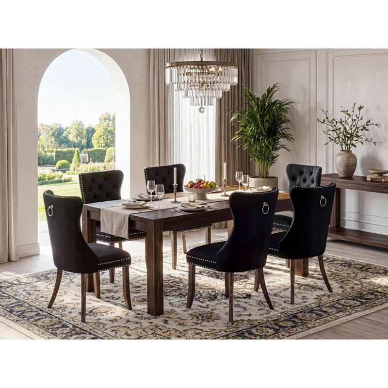 7 Piece Kitchen Table Set Consists of a Rectangle Rustic Wood Dining Table and 6 Polyester Fabric Padded Chairs, Distressed Jacobean
