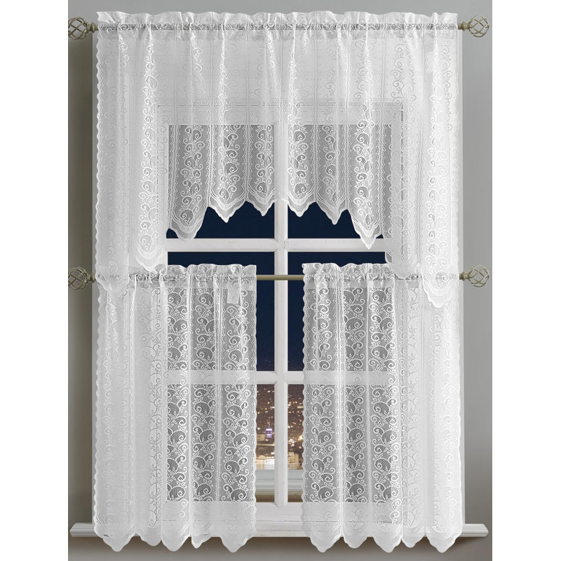 3 Piece White Leaves Kitchen Window Curtains Bundle Includes 2 36 Inch Tiers & Valance., White