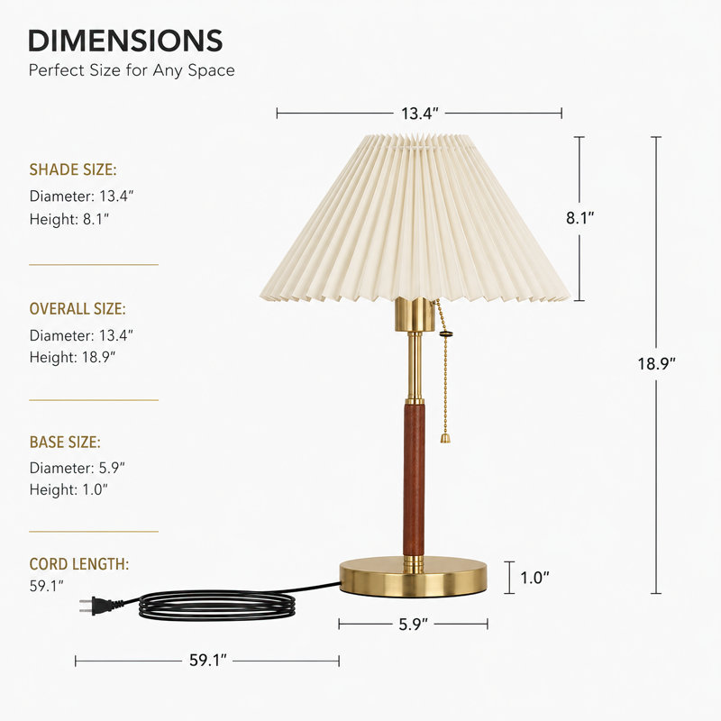 Lampe de table 18,9 po avec abat-jour plissé et interrupteur à chaînette rétro