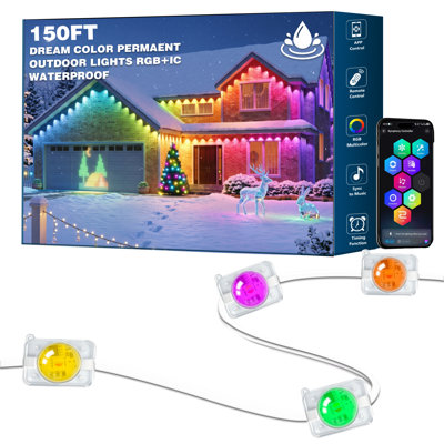 Guirlande lumineuse extérieure permanente de 30 m (100 pi) RGB+IC, éclairage DEL intelligent RGB+IC pour avant-toit avec effet de poursuite et 16 millions de couleurs, étanche, idéale pour Noël, l'Halloween et le quotidien.