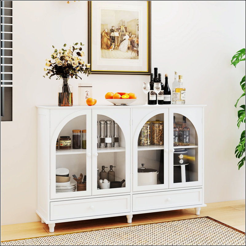 Buffet en verre arqué, 2 tiroirs et 4 portes en verre, tablettes réglables pour les intérieurs modernes et rétro, White