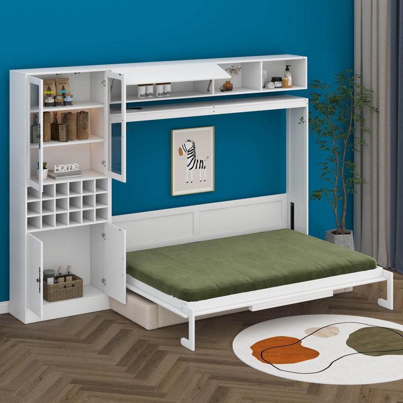 Lit escamotable avec canapé intégré et tablettes, Blanc