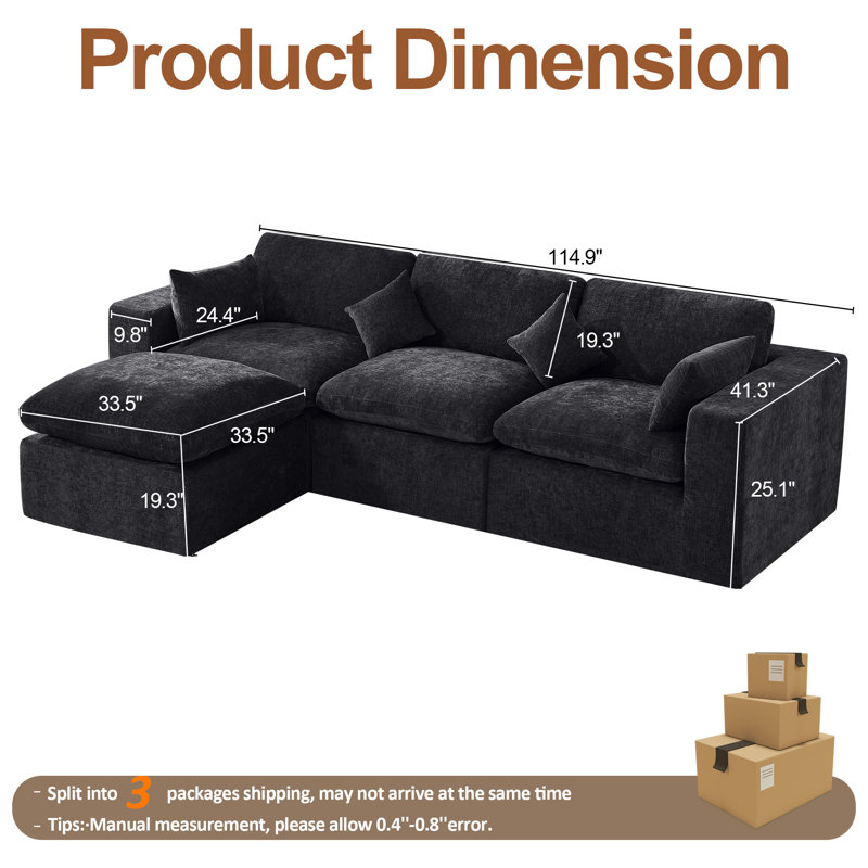 Compression Sectional Couch with Ottoman, Dark Black Chenille, 4