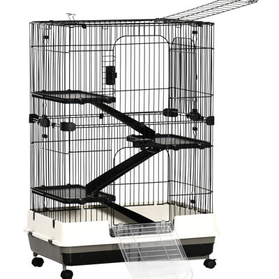 Small Animal Cage With Disposable Tray - Great For , Chinchillas, Ferret, Black Color 4-Level Brakes For Rabbits, Ferrets