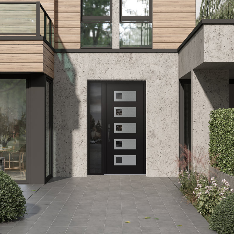 D2 48 po à droite X 80 po Panneau d'entrée en verre argenté noir et noir à panneau avec porte d'entrée avant en verre à miroir Sidelite