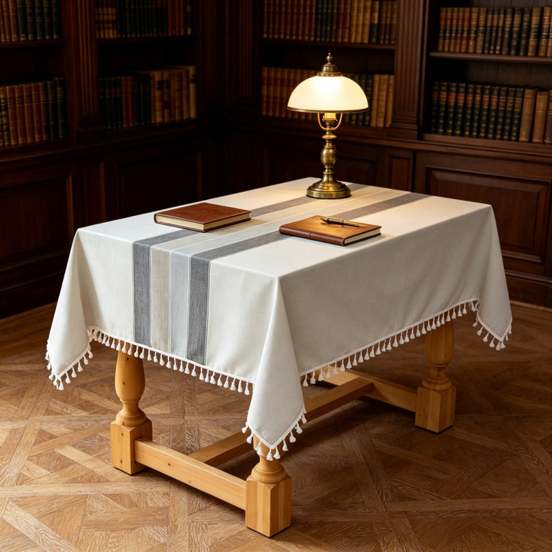 Rustic Fringe Tassel Rectangular Tablecloth 140x180cm, Washable Cotton Linen Dust-Proof Table Linen For Daily Dining & Party Buffets