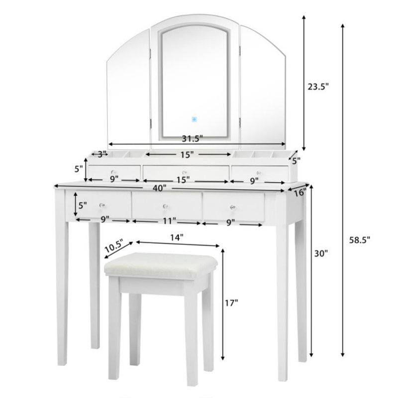 Vanity Table Stool Set with Large Tri-folding Lighted Mirror, White
