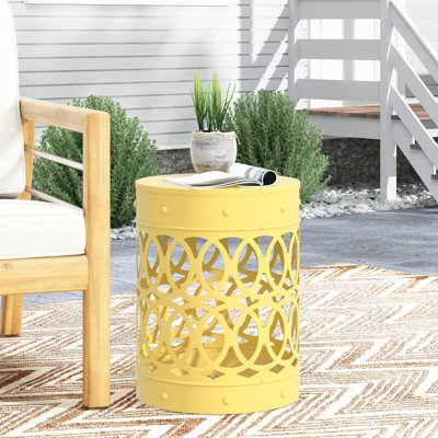 Large Outdoor Metal Side Table In Yellow, Elegant Iron Cut Feature, Powder-Coated Iron, No Assembly Required Yellow Endpiece - Large, Modern Frame, Here