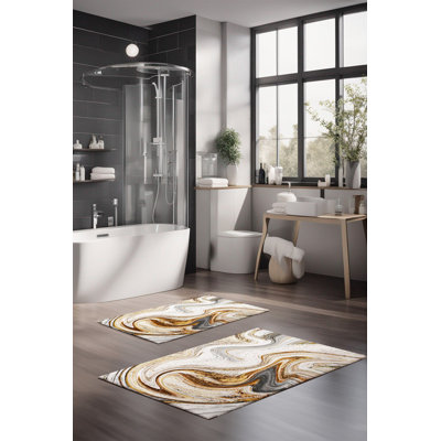 Eakly Luxury Bathmat Set (2 Pieces), 100% Polyester, 16.0 x 23.6 inches & 23.6 x 39.4 inches | Non-Slip Antibacterial Design, 0.3 in Pile Height | Machine Washable, Durable & Easy to Clean | Ideal for Bathroom Décor