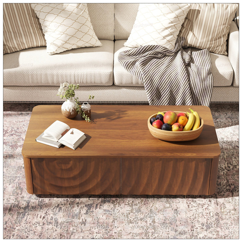 Table basse rectangulaire avec rangement, style ferme Mid-Century, grain de spirale, 2 tiroirs pour le salon