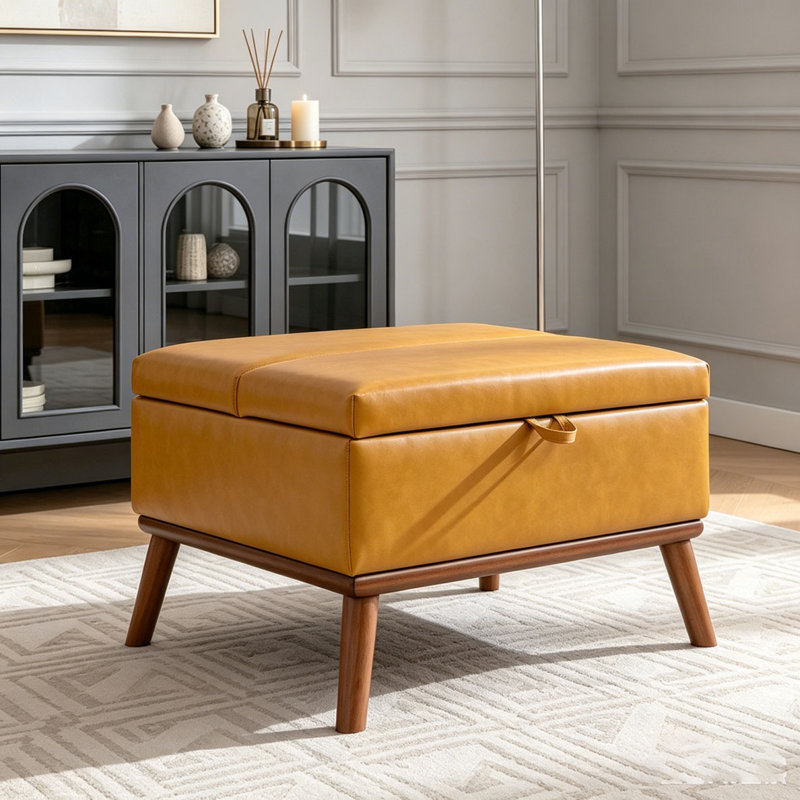 Grand repose-pieds avec rangement, table basse rectangulaire de style Mid-Century de 31 po avec fonction de levage du couvercle, hauts pieds en bois, repose-pieds surdimensionnés