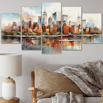 Dreamy New York Scenery Retro Watercolor - City New York Canvas Wall Art - 5 Panels