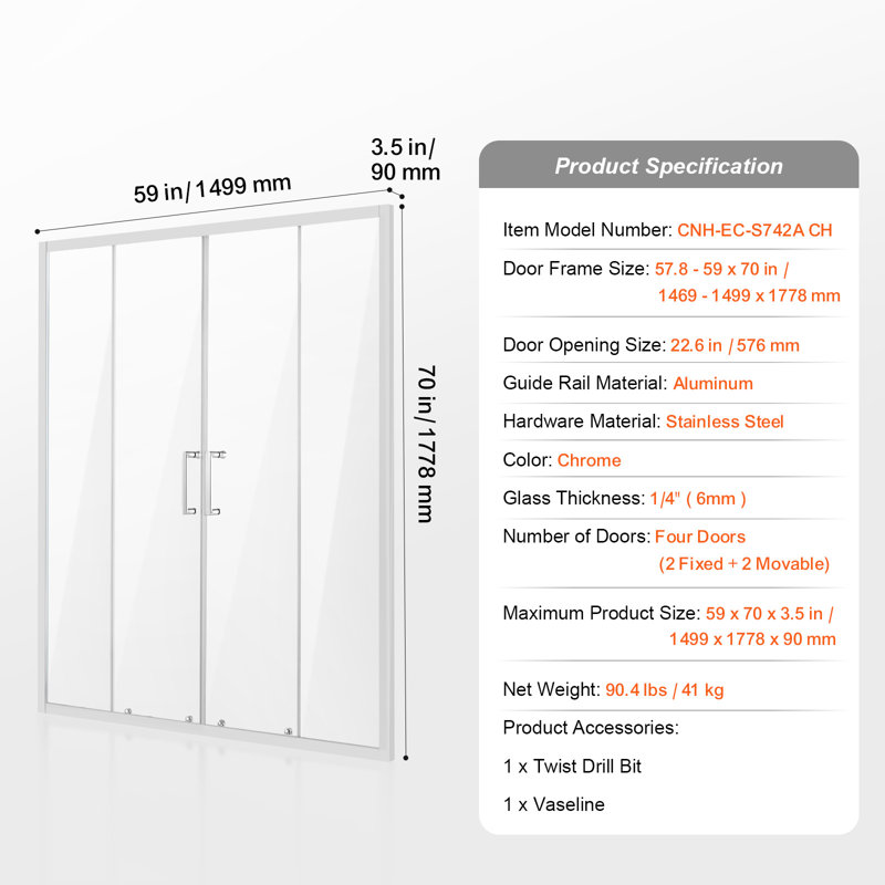 Semi-frameless Double Sliding Shower Door SGCC Tempered Glass, Chrome