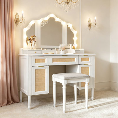 Bureau de meuble-lavabo avec lumières, 5 tiroirs 44,37 po, station de charge